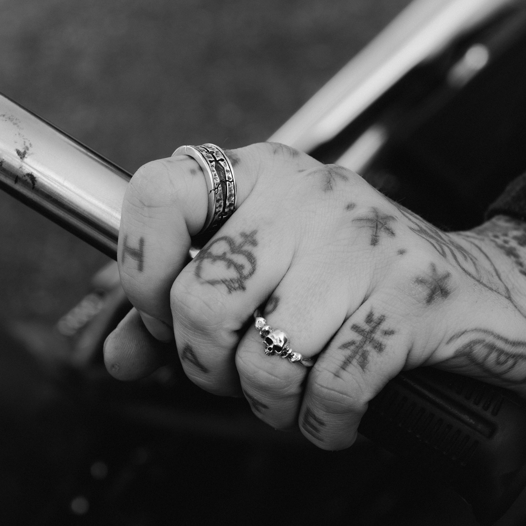 Salt and Bone Sterling Silver thin band ring with skull 