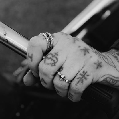 Salt and Bone Sterling Silver thin band ring with skull 