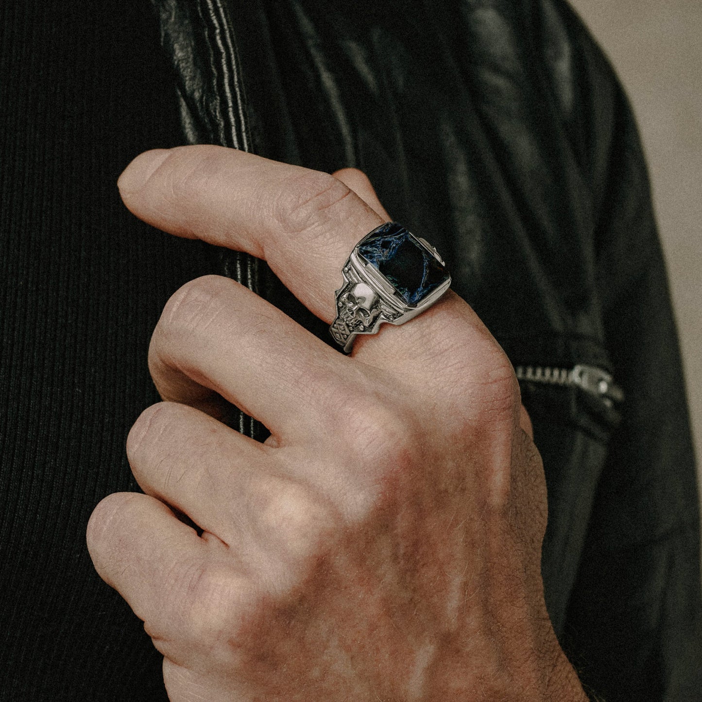 Desperado Sterling Silver Blue Pietersite Rectangular stone signet ring for men with skull 