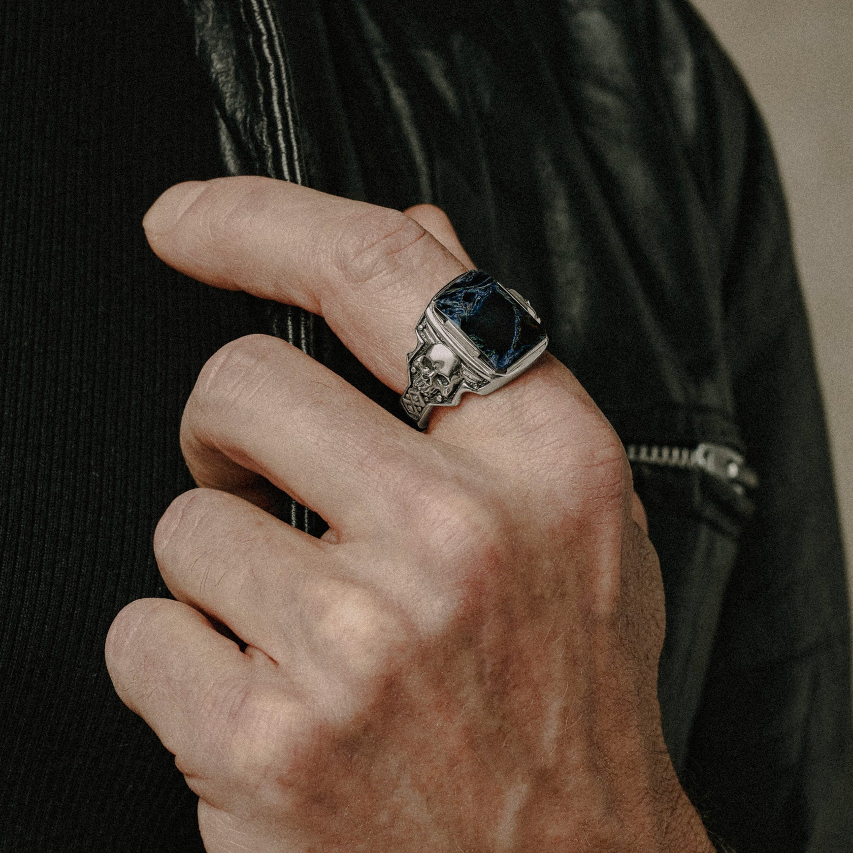 Desperado Sterling Silver Blue Pietersite Rectangular stone signet ring for men with skull 