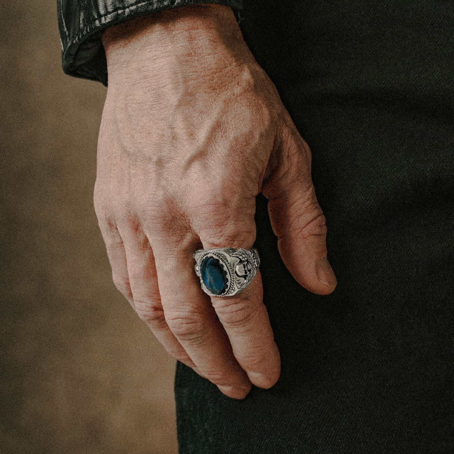 Spectre Sterling Silver and Blue Pietersite with Skull and Wings Stone Signet ring for men